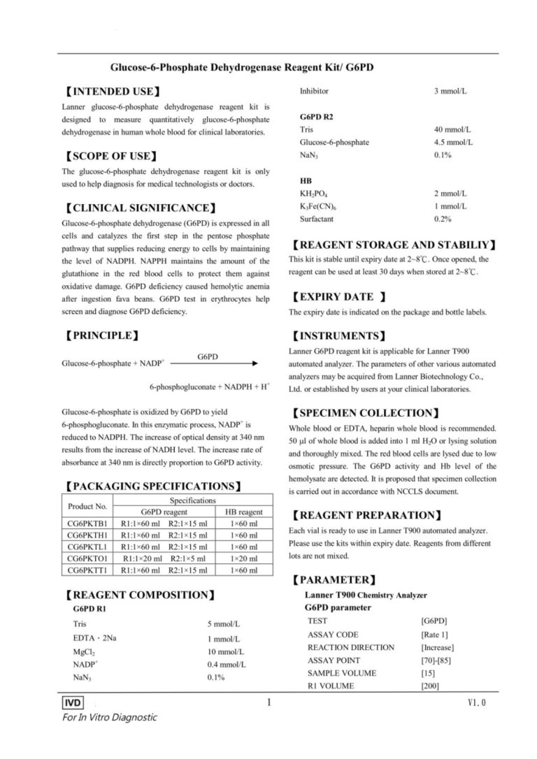 Glucose-6-Phosphate Dehydrogenase Reagent Kit/ G6PD